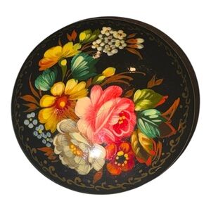 Signed Aum Hand Painted Floral Lacquer Brooch Vintage 1997 Folk Art J40